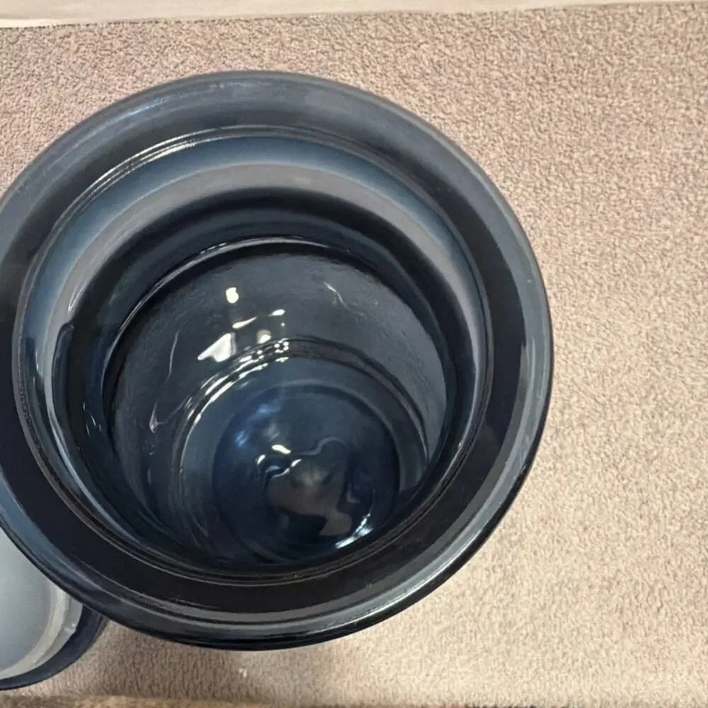 Cobalt Blue Glass cookie jar designed to look like an old milk can.